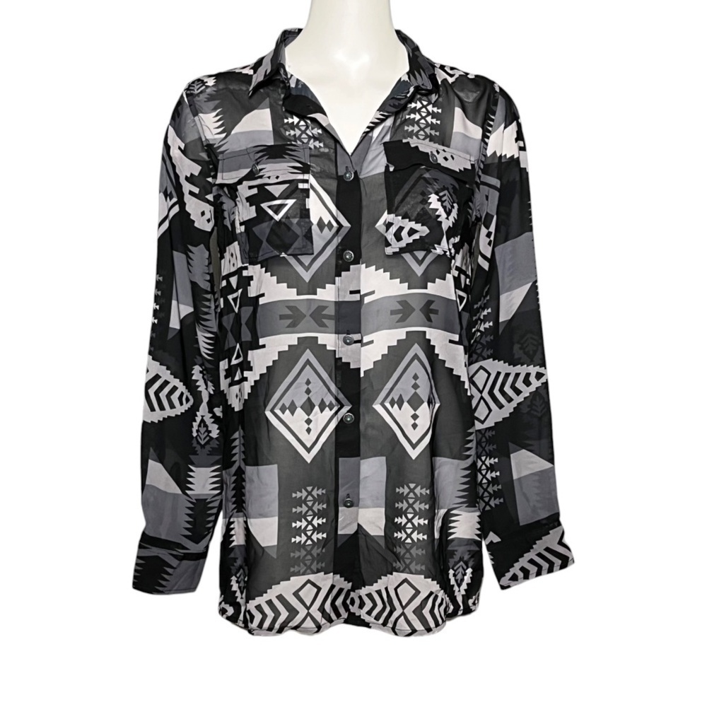 Tasha Polizzi McKenzie Aztec Button Down Shirt Small Black Sheer Western Cowboy